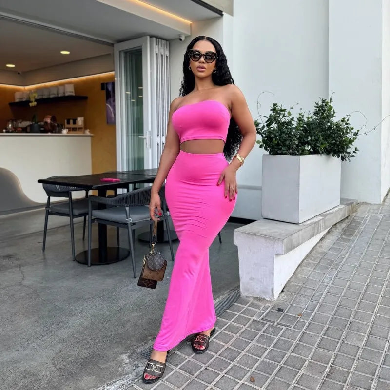 Solid Color Sleeveless Tube Top with High Waist Slim Long Skirt Set for Women Summer Chic Fashion