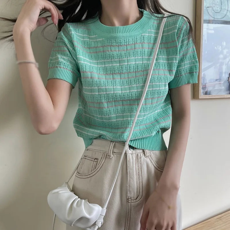 Summer Striped Women's Knitted Crop Top Casual O-Neck Short Sleeve T-Shirt Preppy Style Tees