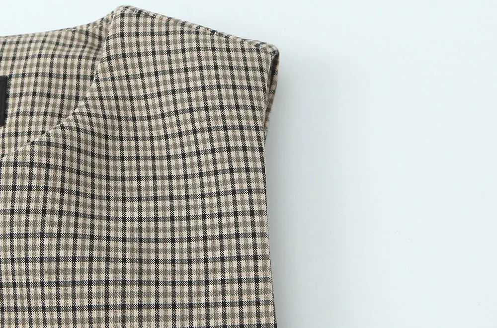 Women's Fashion Button-Up Check Waistcoat With High Waist Belted Straight Pants Two Piece Set