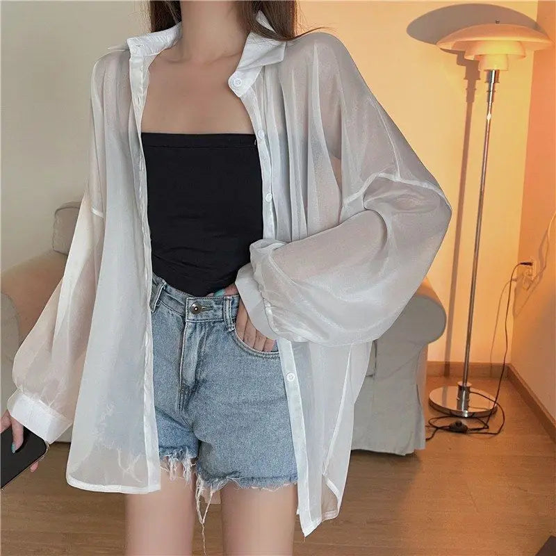 Women's Chiffon Long Sleeve Blouse Loose Fit Thin Cardigan Casual Solid Color Top