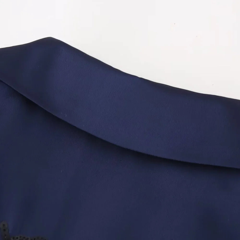 Women's Casual Polo Collar Long Sleeved Sequin Satin Kimono Coat and Bead Pants Set