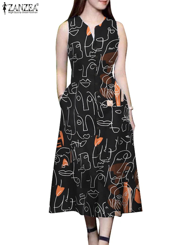 V Neck Sleeveless A Line Printed Sundress For Summer