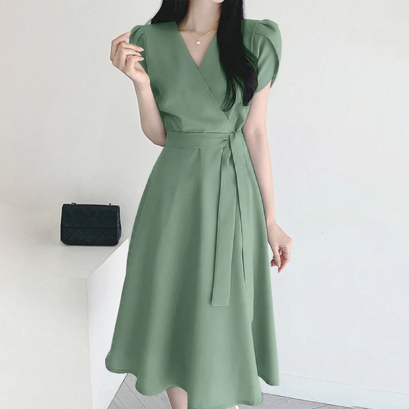 V Neck Midi Dress For Women Solid Cap Sleeve A Line