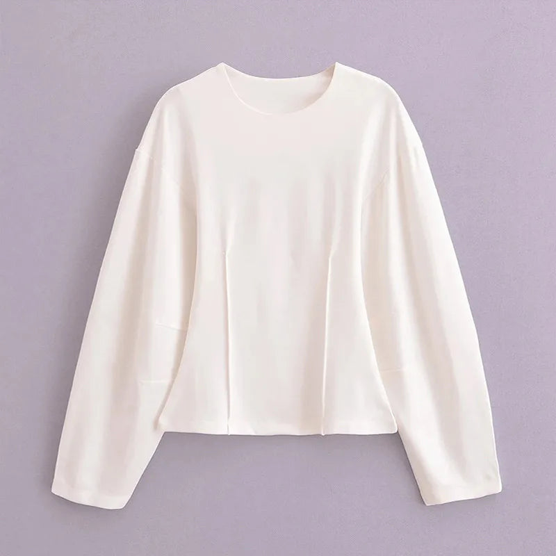 Women's Two Piece Crop Top and Wide Leg Trouser Set with Long Sleeve Round Neck Coat for Spring Streetwear