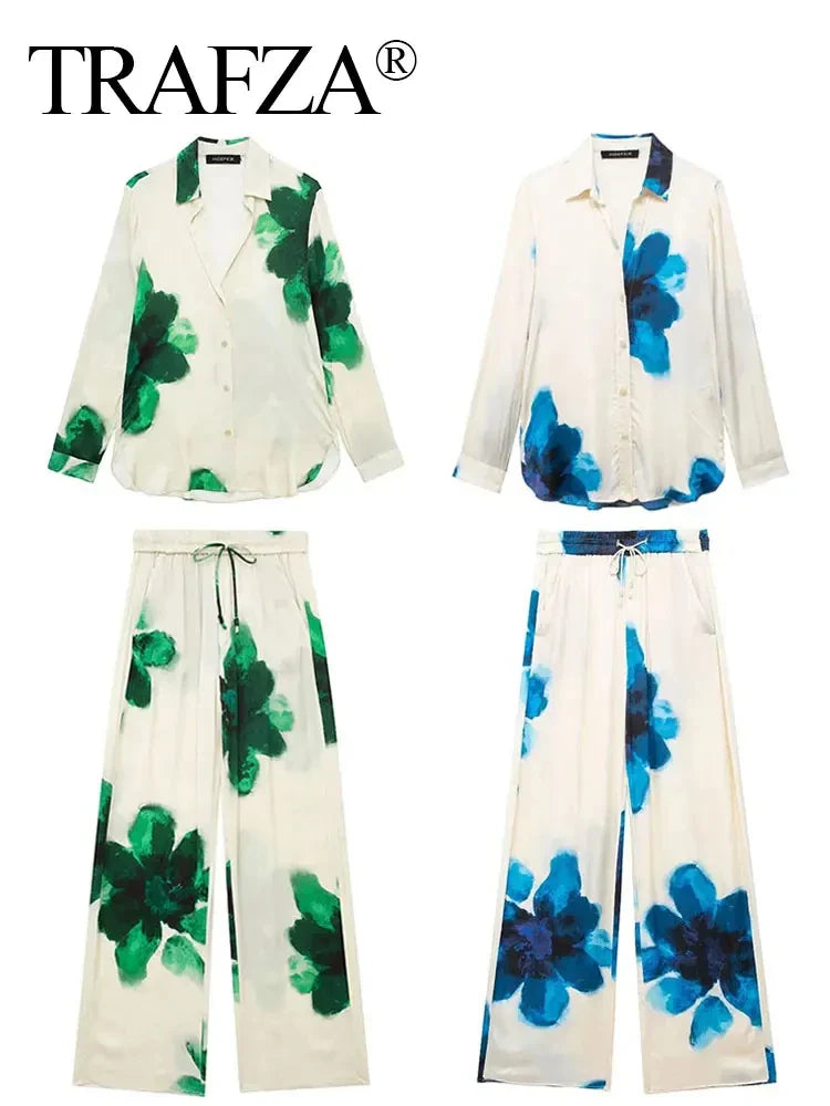 Elegant Floral Print Two-Piece Suit for Women Long Sleeve Lapel Blouse and Drawstring Wide Leg Pants Casual Summer Outfit