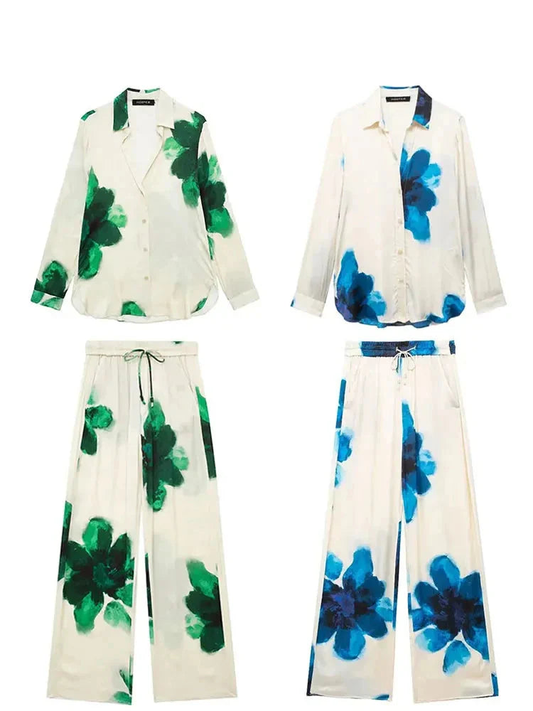 Elegant Floral Print 2 Piece Women's Suit with Long Sleeve Lapel Blouse and Drawstring Wide Leg Pants Casual Outfit