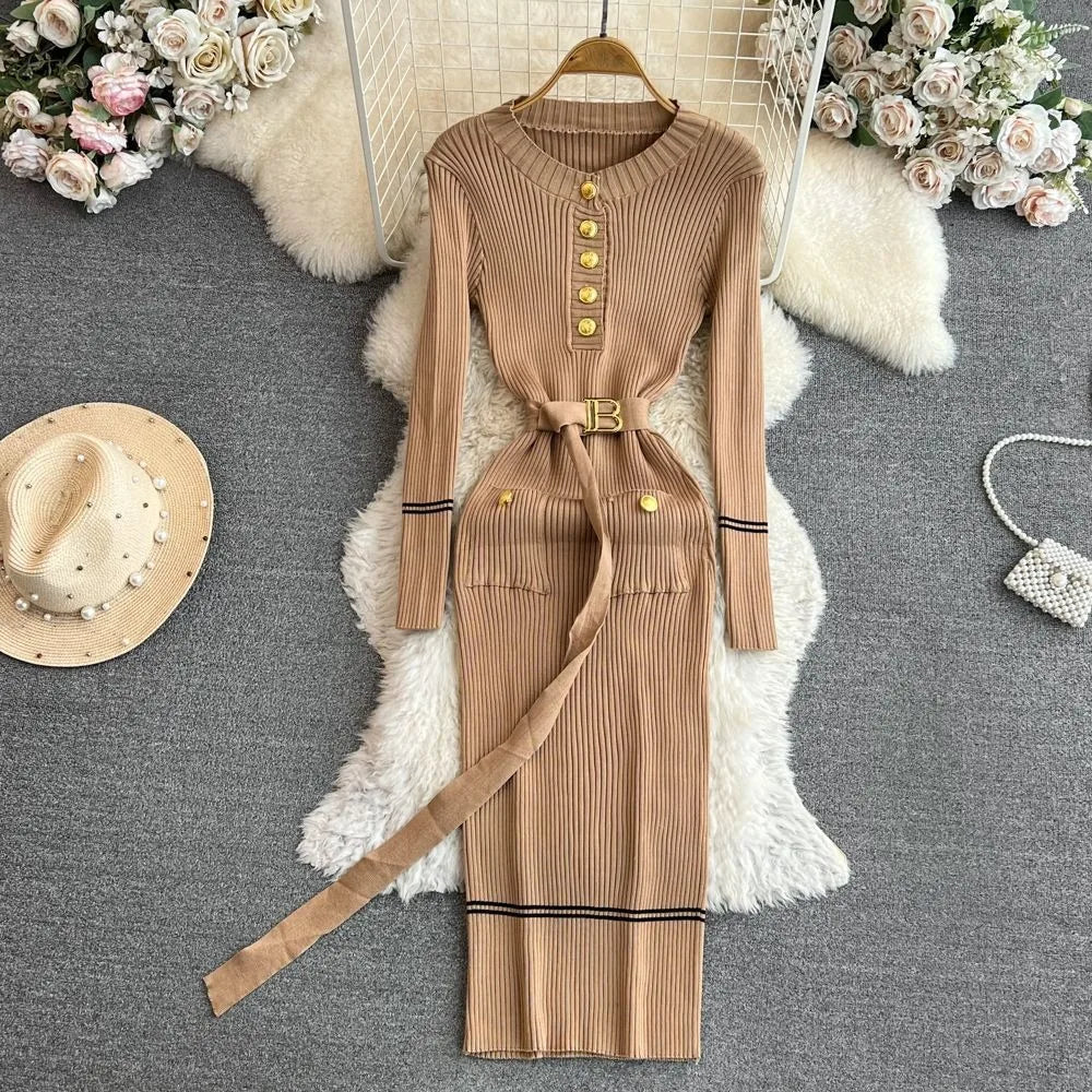 Knitted Sweater Dress With O Neck Belt For Autumn Winter