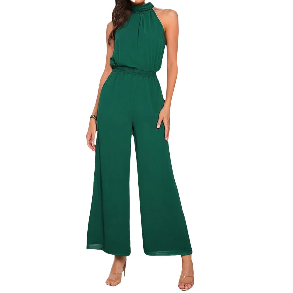 Women's Casual Solid Color Sleeveless Wide-Leg Chiffon Jumpsuit with Hanging Neck and High Waist Ankle-Length Pants for Summer