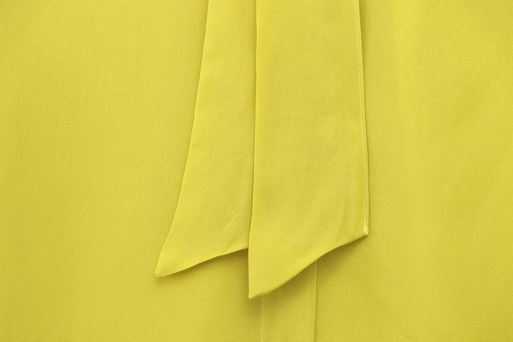 Yellow Chiffon Loose Fit Long Sleeve Shirt for Women with Bow Tie and Button Detail Casual Office Blouse