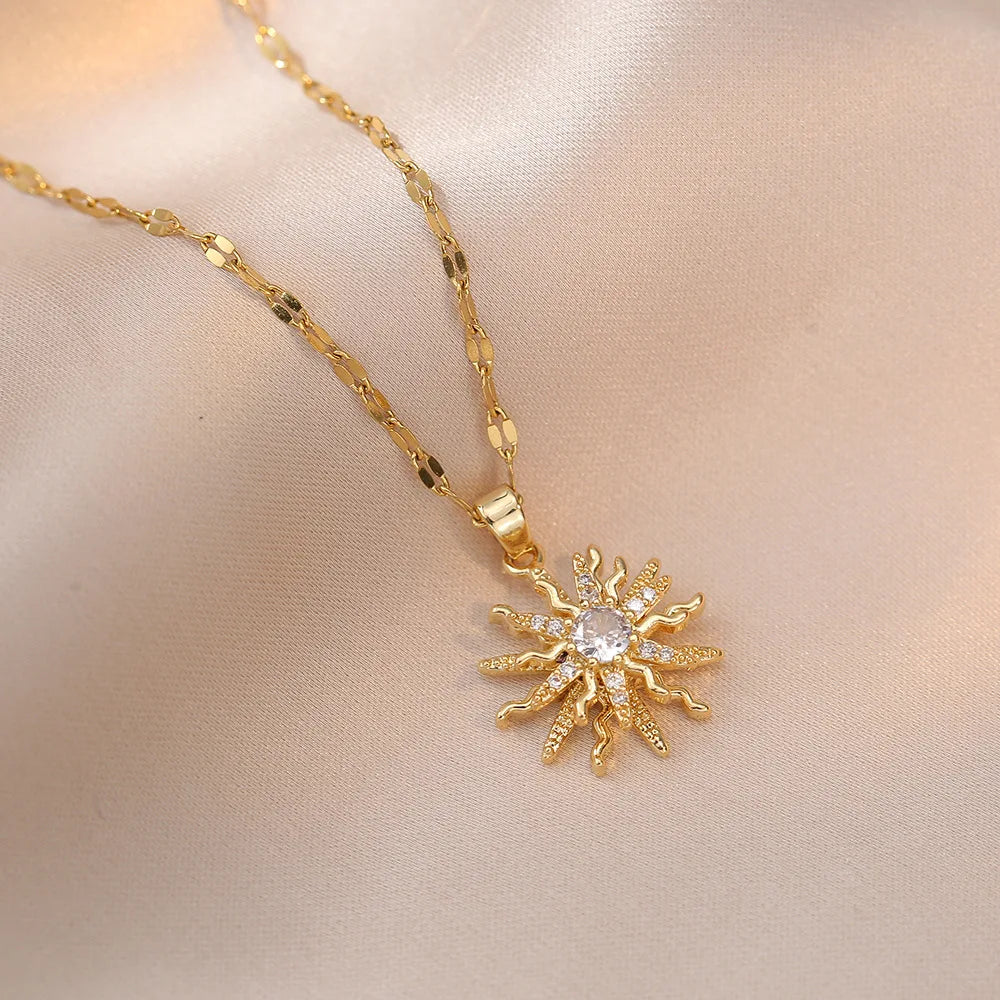 Gold Color Zircon Flower Pendant Necklace for Women Elegant Party Jewelry Gifts