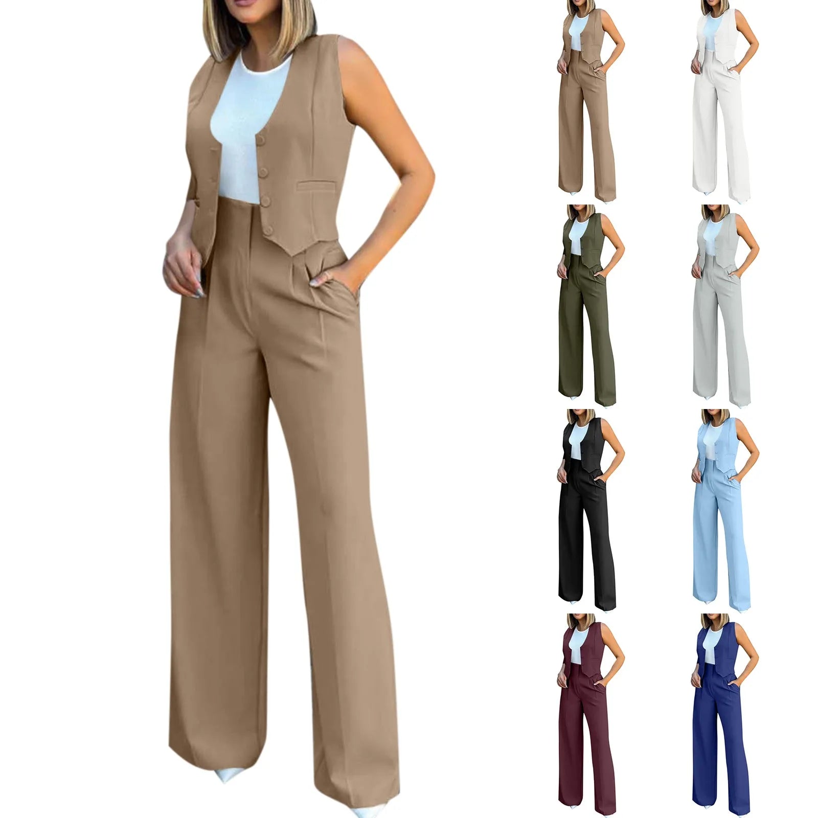 Sleeveless V-Neck Vest and Wide Leg Pants Suit for Women