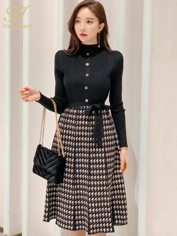 Winter Houndstooth Knit Dress Color Block Office Wear