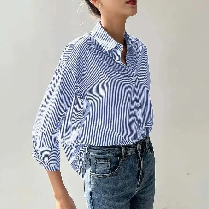 Women Casual Long Sleeve Blouse Blue Striped Turn-Down Collar Lightweight Shirt for Spring and Summer