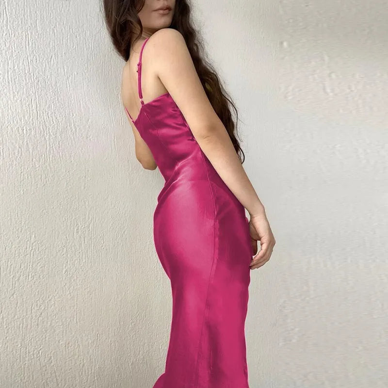 Elegant Satin Strap Dress With Back Split For Spring