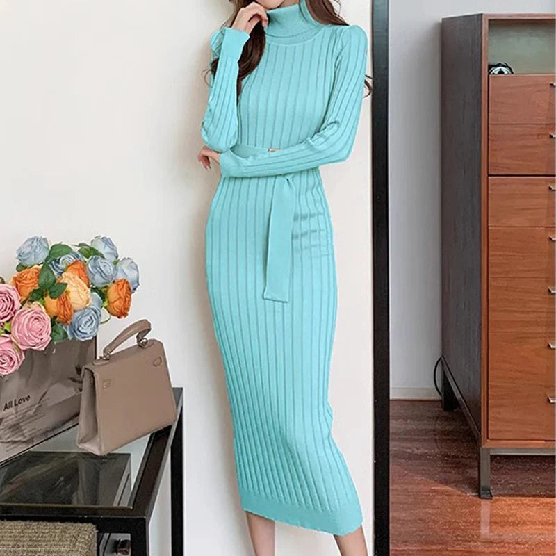 Rib Knit Bodycon Dress Belted Turtleneck Sweater Winter