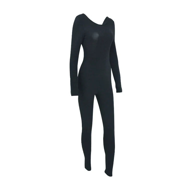 Sexy Black Backless Long Sleeve Yoga Jumpsuit for Women Slim Fit Casual Sportswear Romper with O-Neck for Fitness and Streetwear