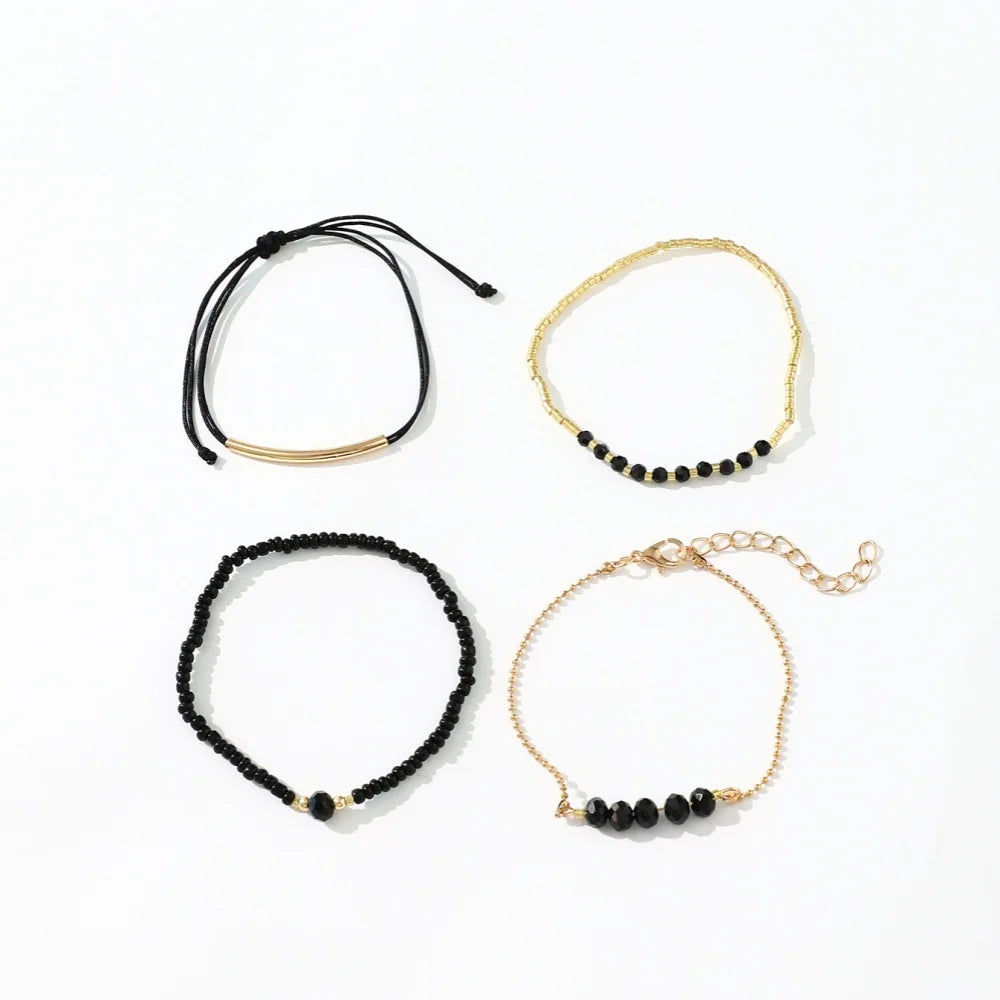 4Pcs Set Black Glass Stone Bracelets for Women Trendy Boho Handmade Jewelry Accessories