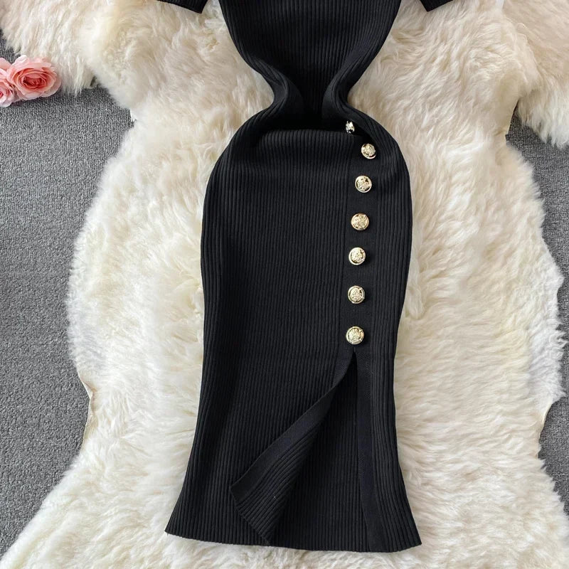 Black Knitted Bodycon Dress Slim Elastic Streetwear