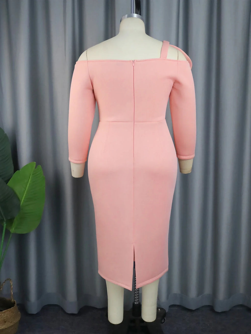 Plus Size Pink Off Shoulder Long Sleeve Bodycon Dress