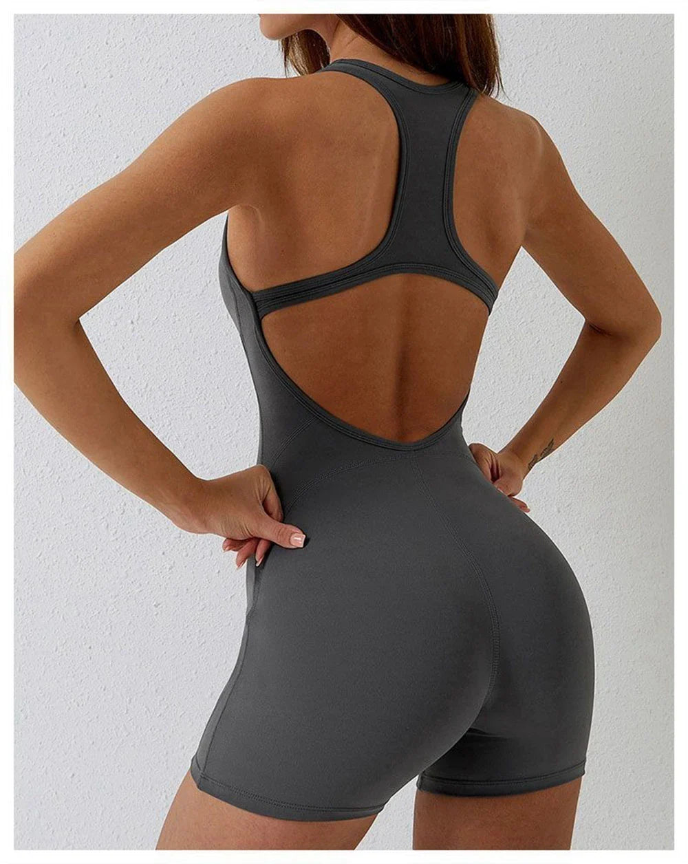 Women Sleeveless Yoga Playsuit Low Neck Slim Fit Stretch Short Jumpsuit with Chest Pads One Piece Romper Sportwear