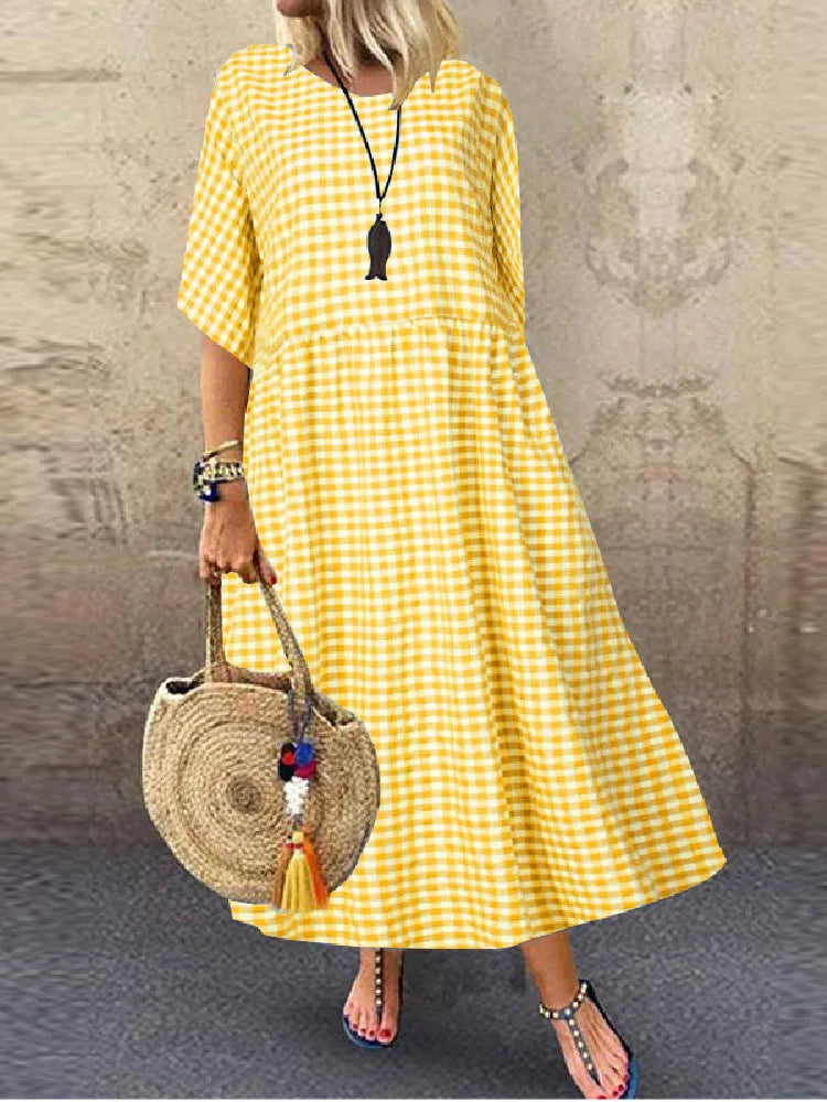 Bohemian Maxi Dress for Women Plaid Print Loose A Line
