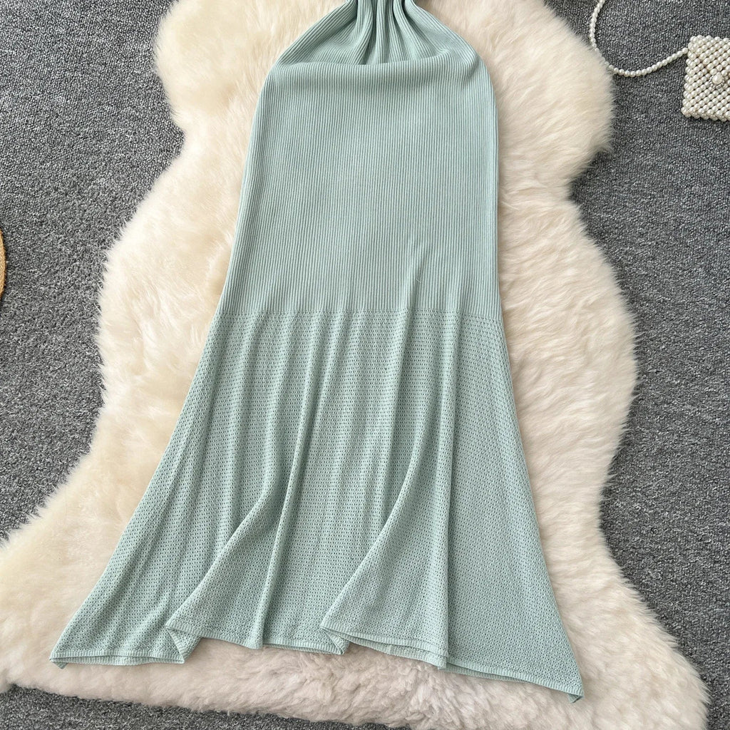 Hollow Out Knitted Dress Sleeveless O Neck A Line Midi