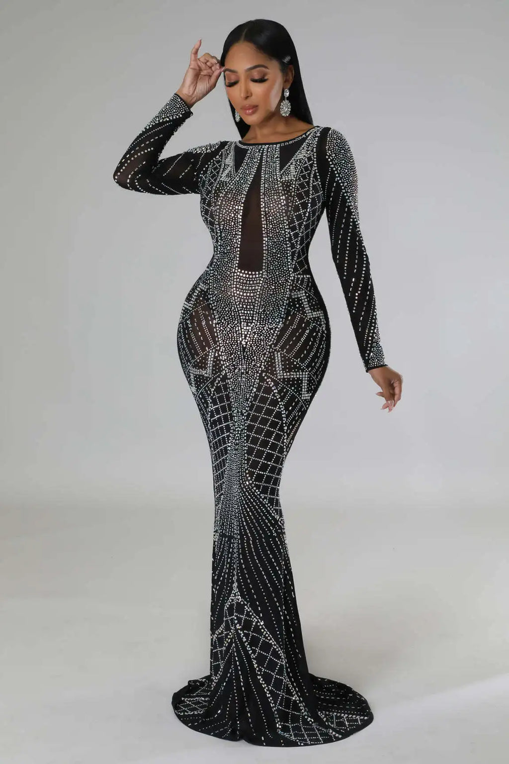 Sexy Mesh Diamond Embellished Maxi Dress for Evening Party