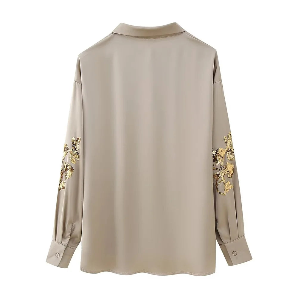 Women's Satin Texture Sequin Embroidered Shirt and High Waist Long Pants Set