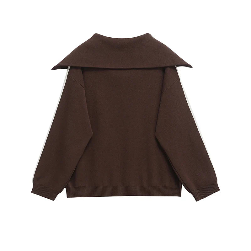 Chic Women's 2 Piece Set Brown Pullover Sweatshirt and Vintage High Elastic Waist Trousers