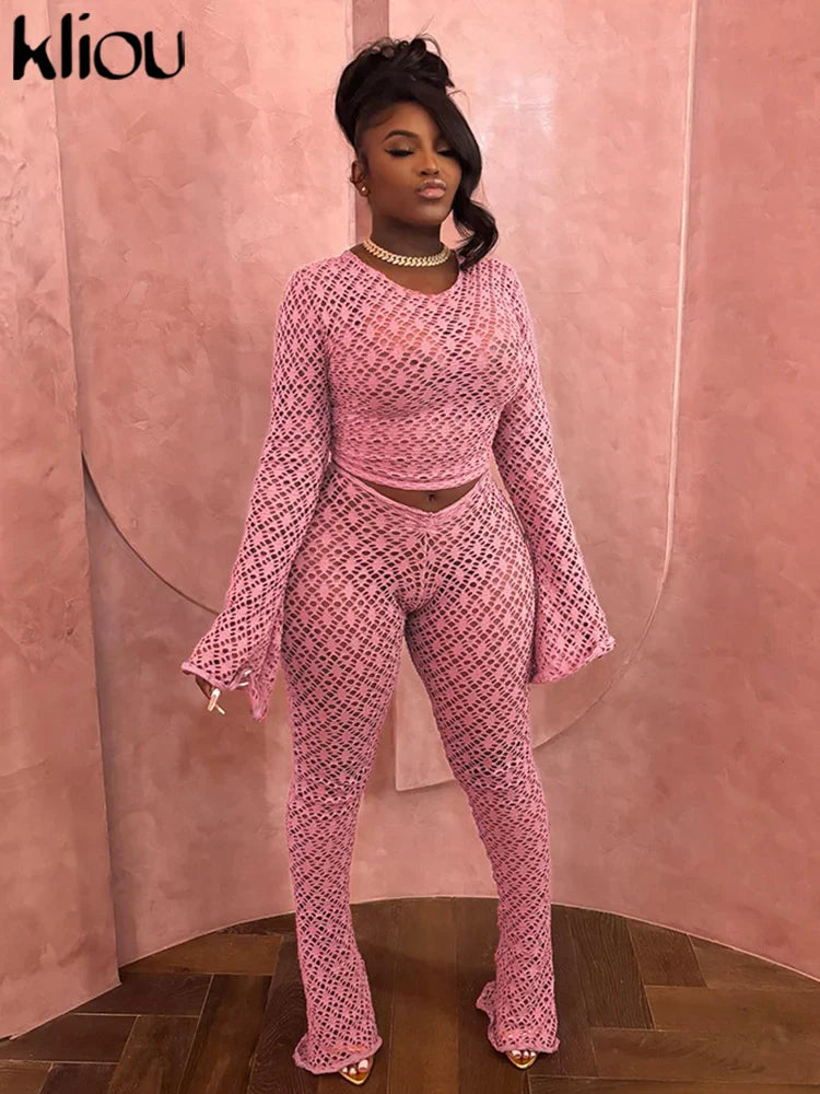 Sexy Coquette 2 Piece Set Sheer Long Sleeve Slim Top and High Waist Flare Pants Nightclub Outfit