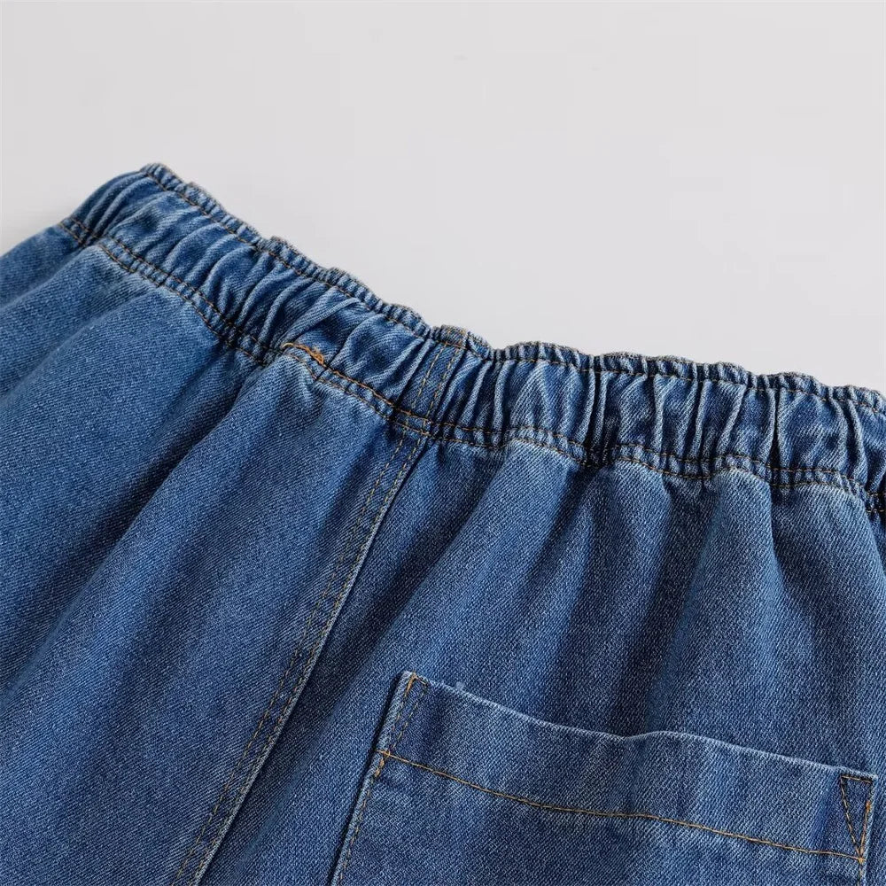 Solid Color V-Neck Loose Denim Pullover Top and High Waist Trousers Set for Women