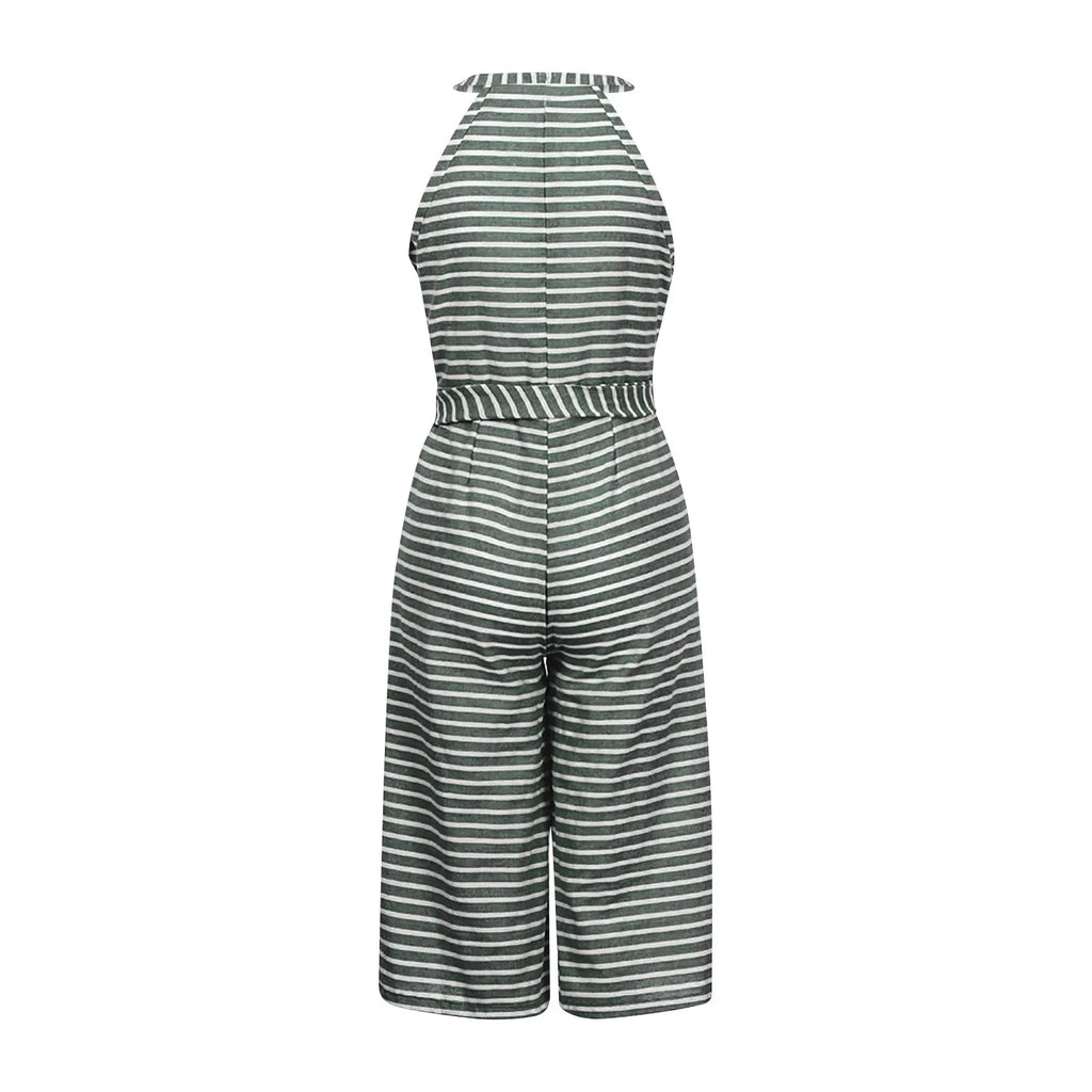 Elegant Sleeveless Striped Jumpsuit for Women Wide Leg Belted Romper Loose Fit Overalls Trousers