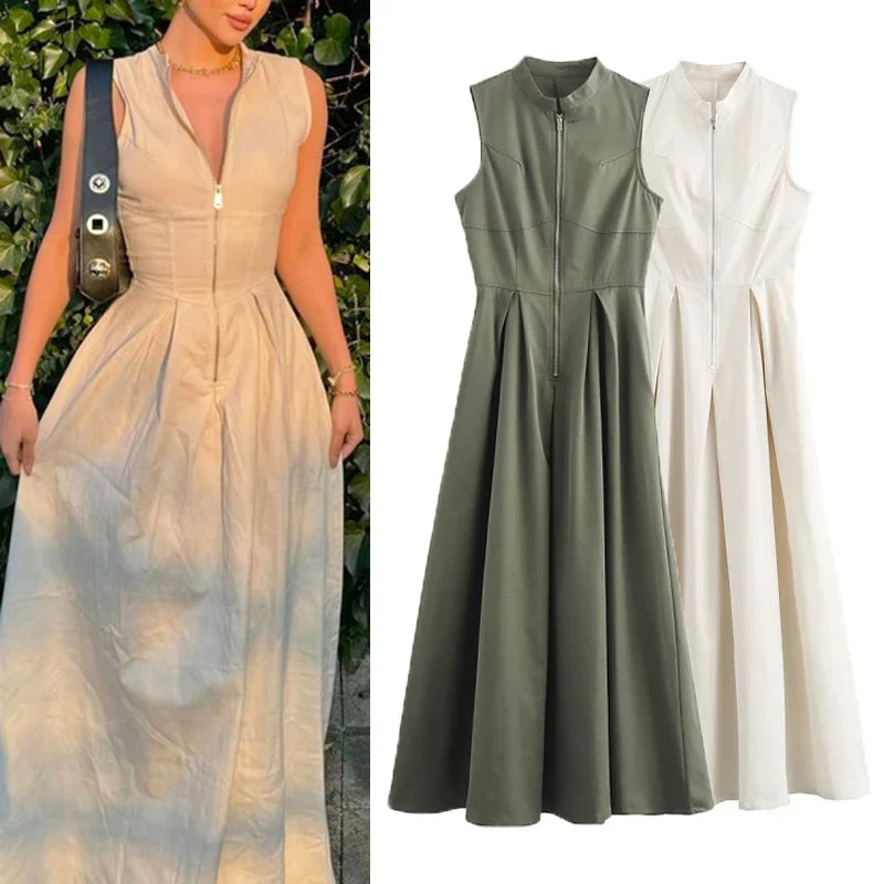 Elegant Sleeveless Pleated Long Dress For Women Office