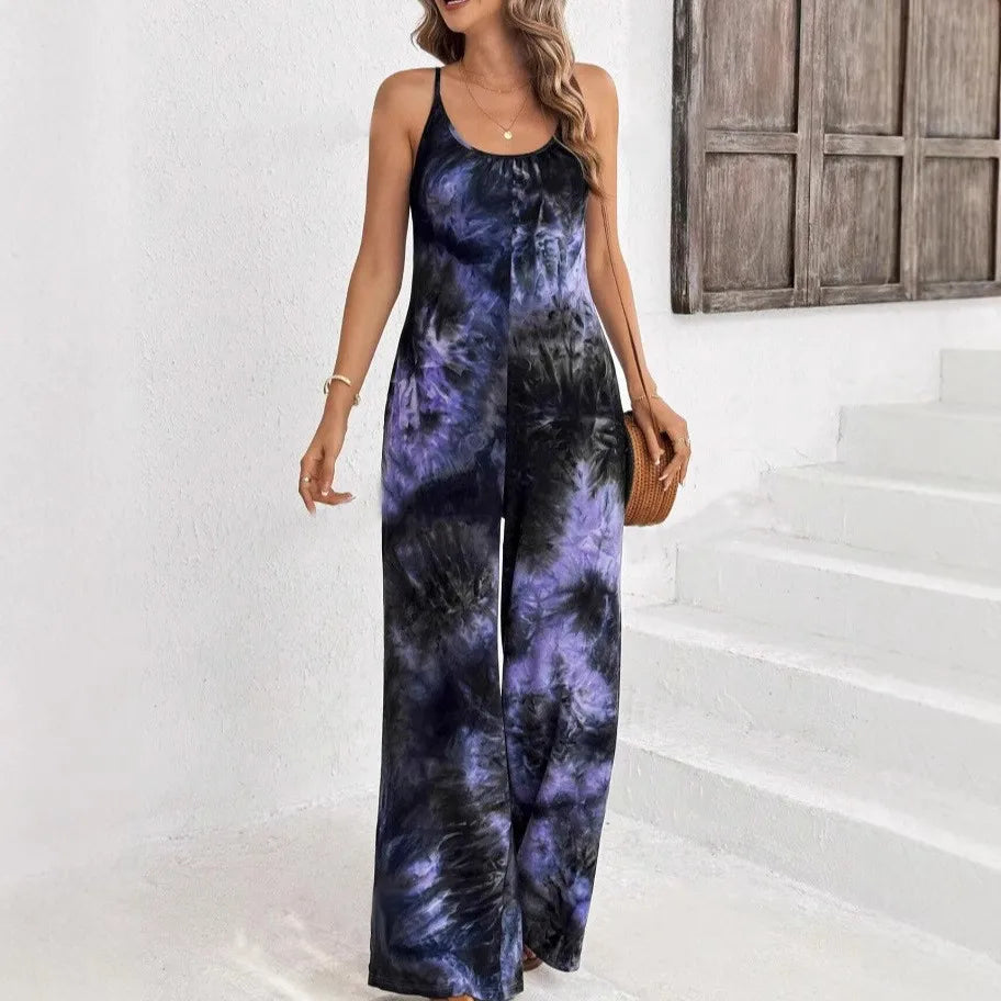 Summer Women's Printed Strap Vest Jumpsuit Casual Loose Fit Pants Stylish Lightweight Outfit