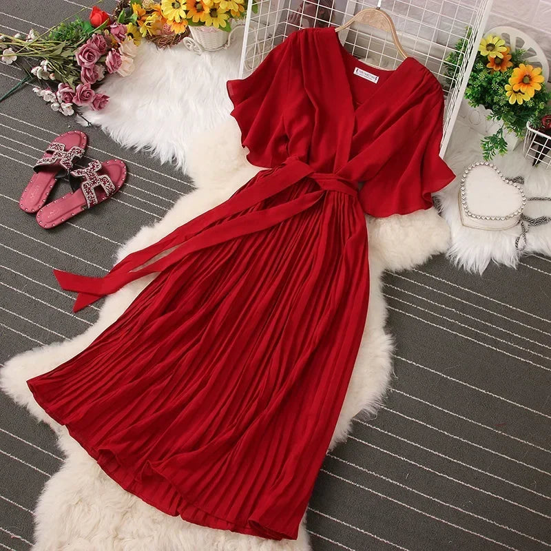 Chiffon Pleated Lace Up V Neck Dress For Women Summer