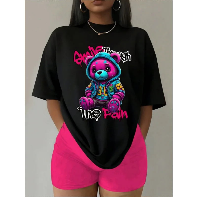 Women's Casual Teddy Bear Short Sleeve T-Shirt with Colorful Drip Art for Daily Wear and Dating