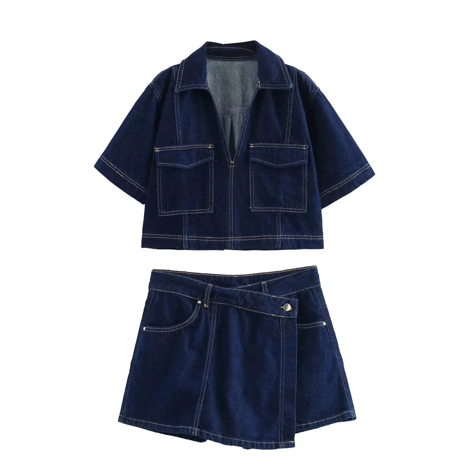Asymmetric High Waist Denim Mini Skirt and Cropped Short Sleeve Top Two Piece Set for Women Streetwear
