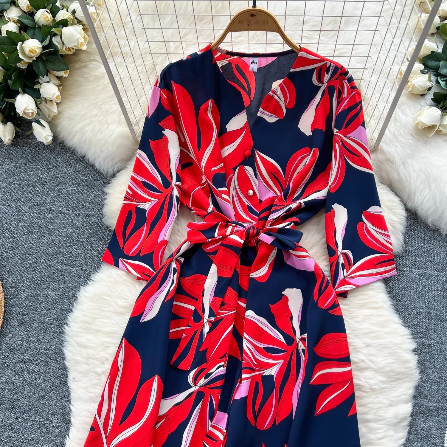 Women's Summer V-Neck Short Sleeve Lace-Up Waist Slim Fit Wide-Leg Printed Jumpsuit with Loose Straight Leg Design