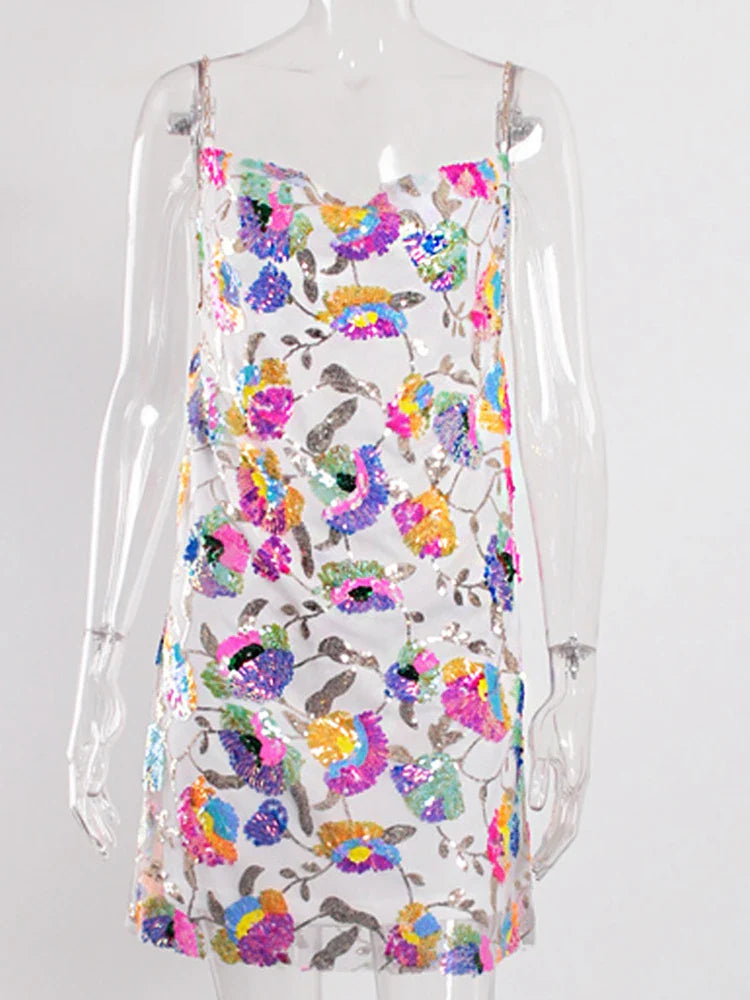 Floral Sequined Backless Mini Dress For Night Out Clubbing