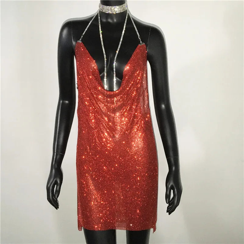 Sequin Rhinestone Backless Mini Dress For Nightclub Party