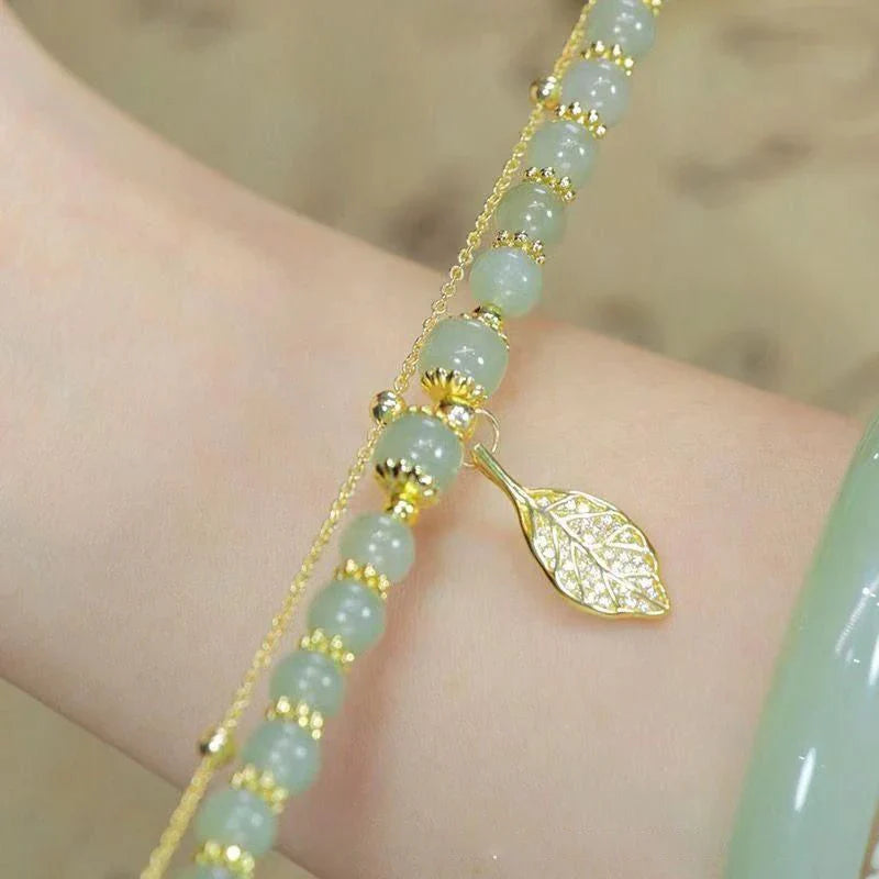 Chinese Style Green Jade Bracelet for Women with Gold Leaves Double Chain Design Elegant Bangle Gift for Special Occasions