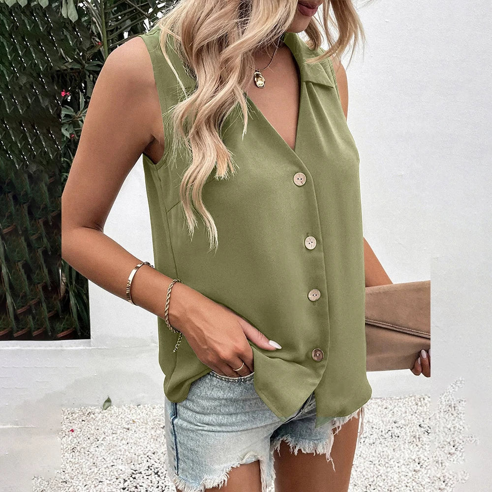 Chiffon Sleeveless Blouse for Women V Neck Button Down Slim Fit Casual Tank Top Summer Pullover Shirt
