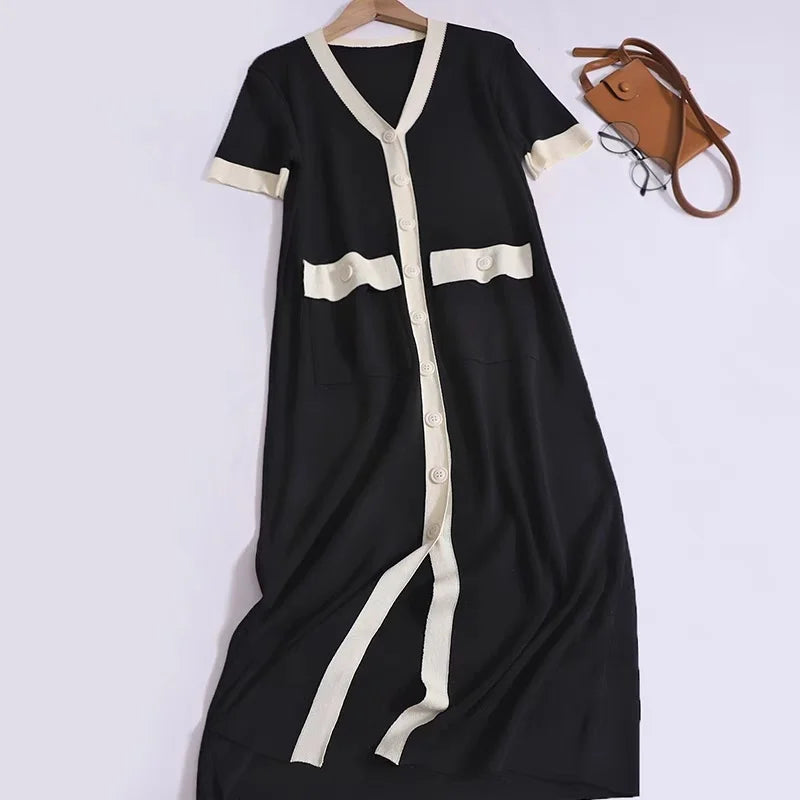 Women Knit V Neck Patchwork Pocket Dress Mid Length Summer