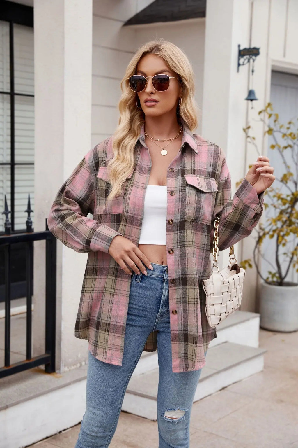 Women Plaid Button Up Shirt Loose Fit Warm Long Sleeve Casual Blouse with Pockets Autumn Winter Checkered Top Preppy Y2K Harajuku Style