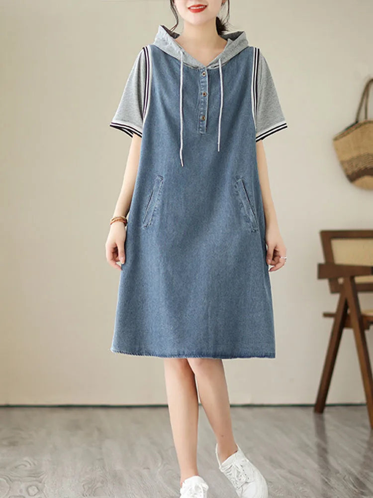 Denim Mini Dress Women Loose Elegant Vintage Casual