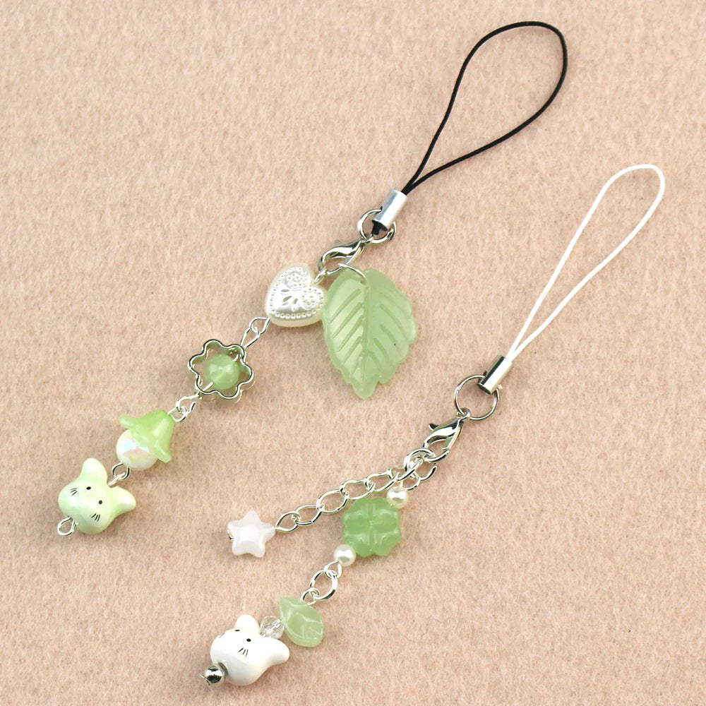 Handmade Four Leaf Clover Beaded Phone Charm Cute Cat Totoro Keychain Cybercore Cell Phone Chain Pendant Bag Decor