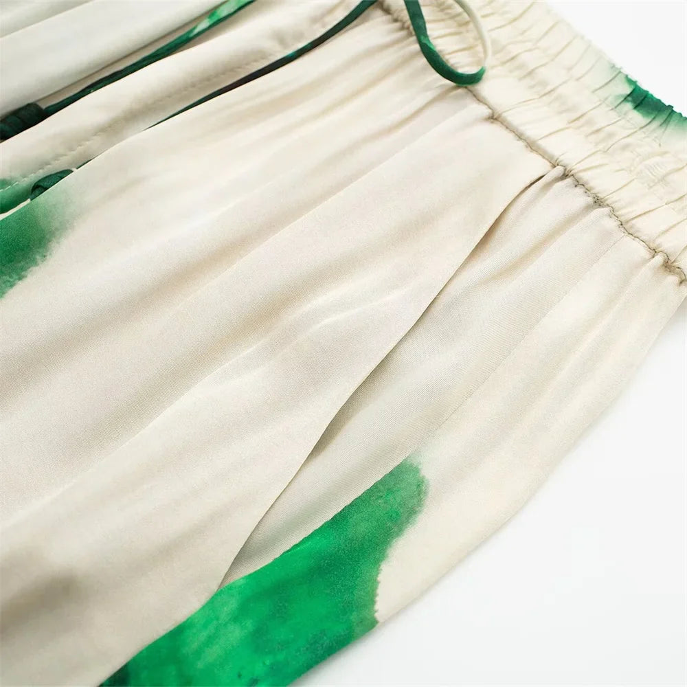 Autumn Women's Casual Loose Collar Long Sleeve Printed Shirt and High Waist Wide Leg Pants Set