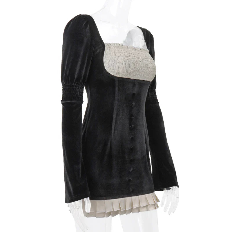 French Retro Patchwork Square Neck Dress For Evening Party