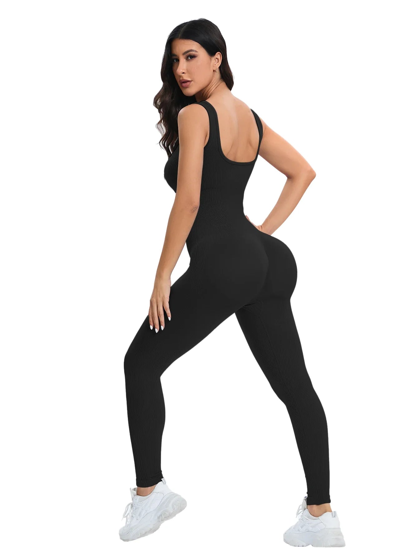 Shapewear Jumpsuit for Women Built-In Bra Sleeveless Bodycon Ribbed Square Neck Summer Romper with Seamless Stretch Fabric and Butt Lifting Support