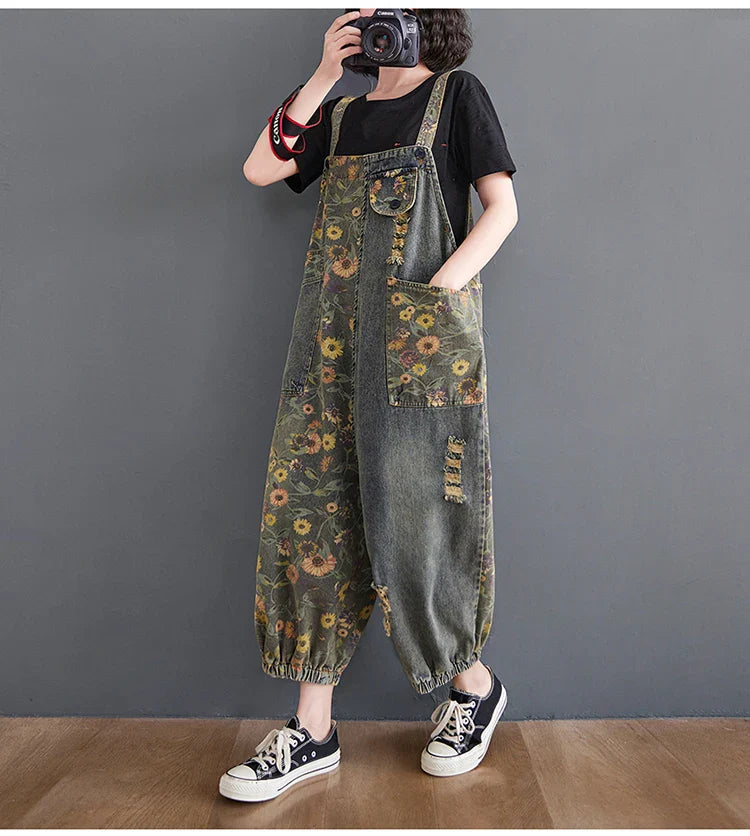 Casual Oversized Floral Print Denim Overalls for Women Loose Wide Leg Mom Jeans Romper Jumpsuit with Cargo Straps Baggy Pants